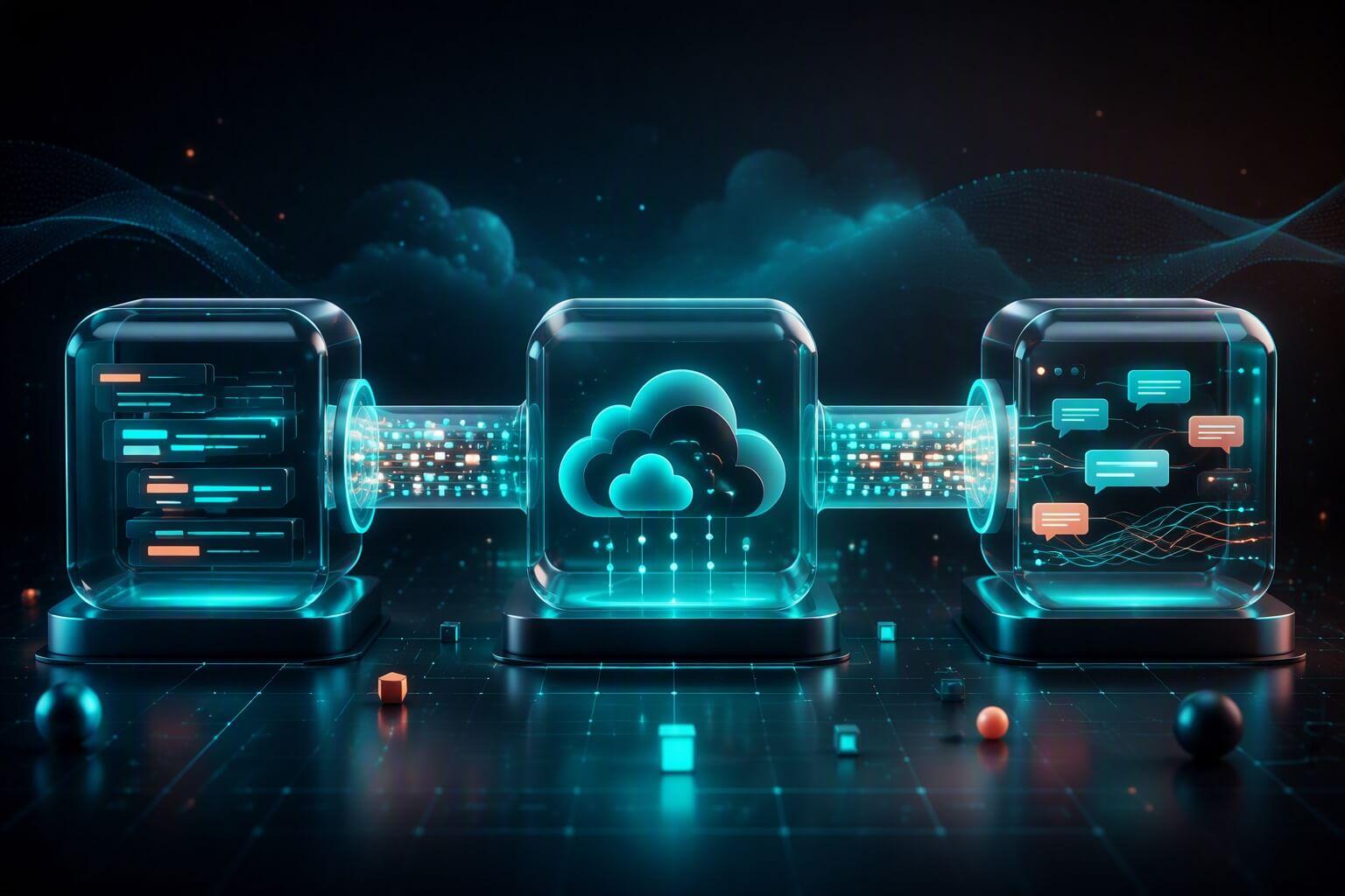 Verbundene Code-, Cloud- und Messaging-Module als Teil eines AI-Integrationsworkflows